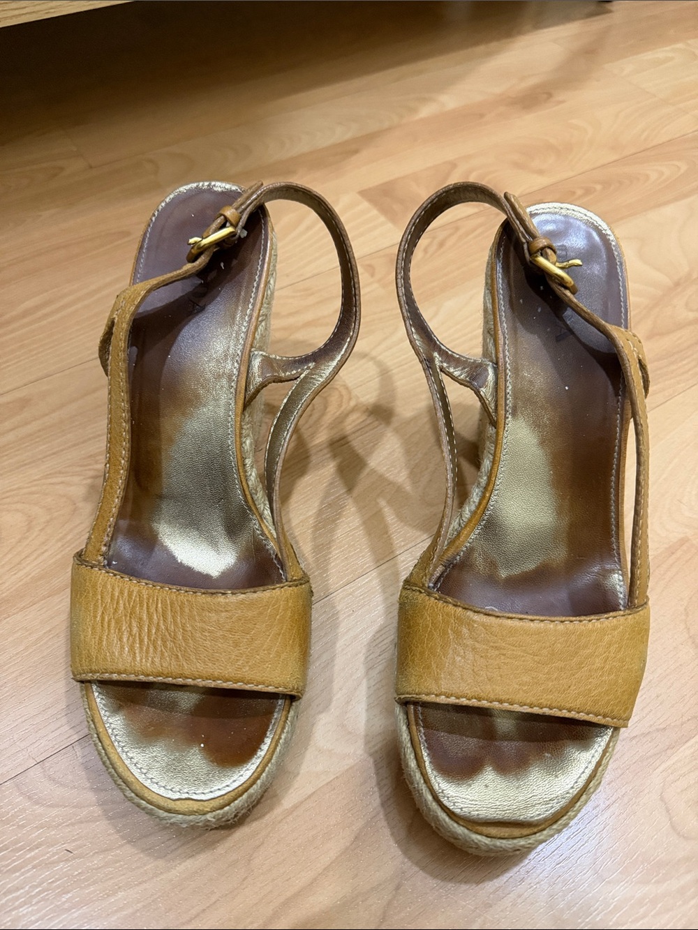 Prada Women’s Tan Leather Espadrille Wedge Sandals